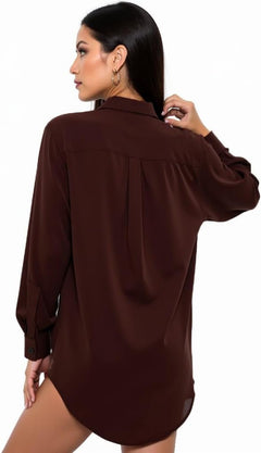 Women's Brown Button Down Dress Shirt – Wrinkle-Free Long Sleeve Solid Work Blouse, Soft Viscose Office & Casual Top