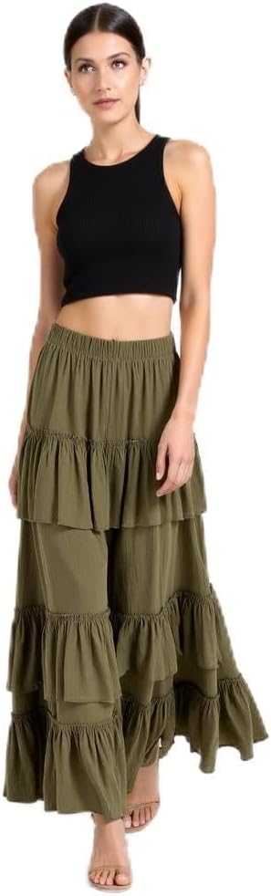 Women's Solid 3-Layer Frill Maxi Skirt – Long Flowing Viscose Skirt, Tiered Boho Style for Casual & Dressy Wear