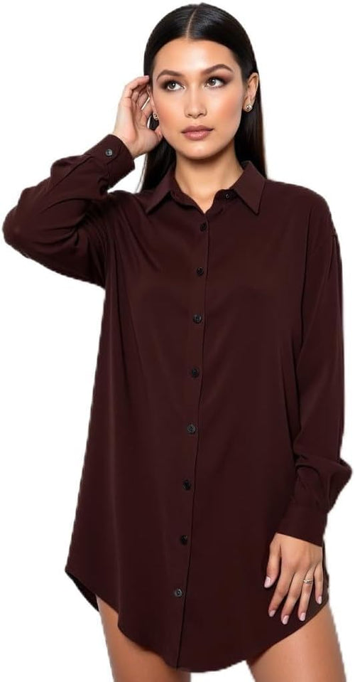 Women's Brown Button Down Dress Shirt – Wrinkle-Free Long Sleeve Solid Work Blouse, Soft Viscose Office & Casual Top