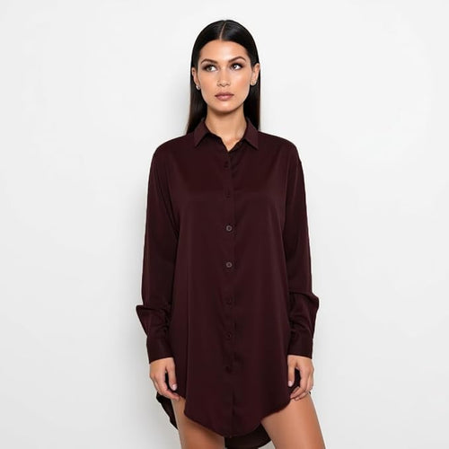 Women's Brown Button Down Dress Shirt – Wrinkle-Free Long Sleeve Solid Work Blouse, Soft Viscose Office & Casual Top
