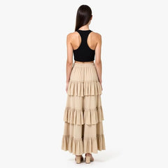 Women's Solid 3-Layer Frill Maxi Skirt – Long Flowing Viscose Skirt, Tiered Boho Style for Casual & Dressy Wear