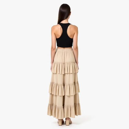 Women's Solid 3-Layer Frill Maxi Skirt – Long Flowing Viscose Skirt, Tiered Boho Style for Casual & Dressy Wear