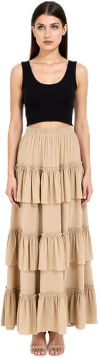 Women's Solid 3-Layer Frill Maxi Skirt – Long Flowing Viscose Skirt, Tiered Boho Style for Casual & Dressy Wear