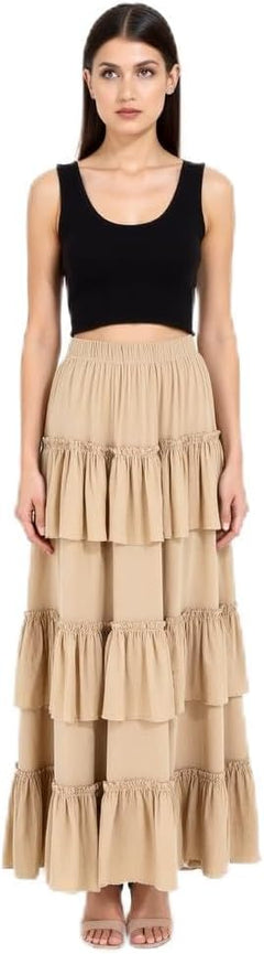 Women's Solid 3-Layer Frill Maxi Skirt – Long Flowing Viscose Skirt, Tiered Boho Style for Casual & Dressy Wear