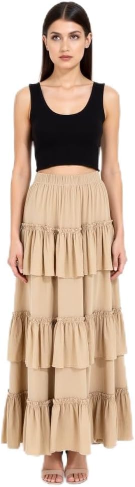 Women's Solid 3-Layer Frill Maxi Skirt – Long Flowing Viscose Skirt, Tiered Boho Style for Casual & Dressy Wear