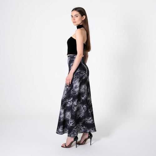 Women's Midi Skirt – High Waist A-Line – Black & Gray Watermark Print – Soft Viscose Fabric  – Flowy & Lightweight Casual Skirt