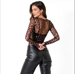 Women's Sheer Leopard Mesh Top – Long Sleeve Slim Fit Crew Neck Blouse, Stylish See-Through Layering Shirt