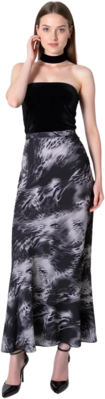 Women's Midi Skirt – High Waist A-Line – Black & Gray Watermark Print – Soft Viscose Fabric  – Flowy & Lightweight Casual Skirt