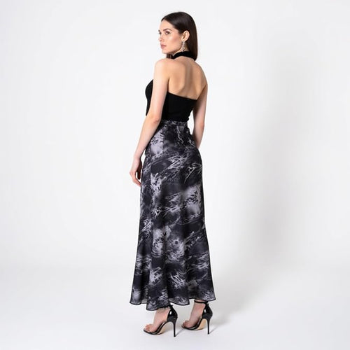 Women's Midi Skirt – High Waist A-Line – Black & Gray Watermark Print – Soft Viscose Fabric  – Flowy & Lightweight Casual Skirt