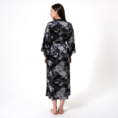 Women's Satin Kimono Robe with Lace Trim, Tie-Dye Print, Black and Gray, Long Length