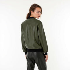 Women's Khaki Full Zip Padded Bomber Jacket – Lightweight Windproof Casual Outerwear with Ribbed Hem & Stand Collar