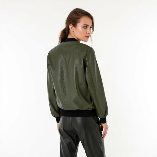 Women's Khaki Full Zip Padded Bomber Jacket – Lightweight Windproof Casual Outerwear with Ribbed Hem & Stand Collar