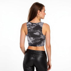 Women's Crop Tank Top – Double Lined Scuba U-Neck Sleeveless Shirt, Gray Watermark Print, Workout & Casual Going Out Top