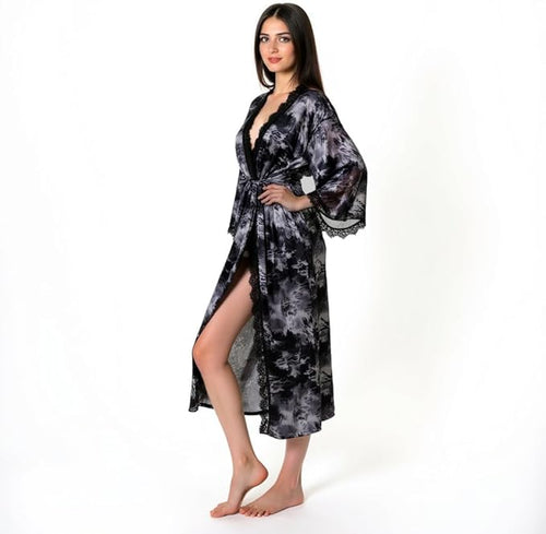 Women's Satin Kimono Robe with Lace Trim, Tie-Dye Print, Black and Gray, Long Length