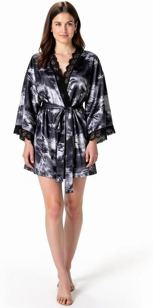 Women's Short Satin Robe with Lace Trim – Lightweight Kimono Sleepwear Dressing Gown
