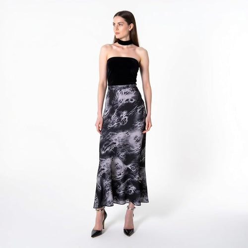 Women's Midi Skirt – High Waist A-Line – Black & Gray Watermark Print – Soft Viscose Fabric  – Flowy & Lightweight Casual Skirt