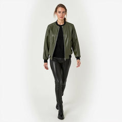 Women's Khaki Full Zip Padded Bomber Jacket – Lightweight Windproof Casual Outerwear with Ribbed Hem & Stand Collar