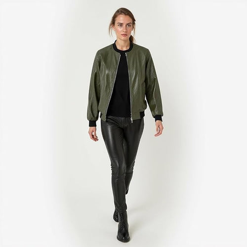Women's Khaki Full Zip Padded Bomber Jacket – Lightweight Windproof Casual Outerwear with Ribbed Hem & Stand Collar
