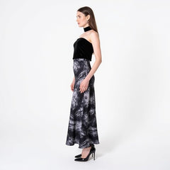 Women's Midi Skirt – High Waist A-Line – Black & Gray Watermark Print – Soft Viscose Fabric  – Flowy & Lightweight Casual Skirt