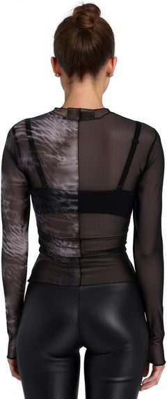 Women's Sheer Mesh Long Sleeve Top – Printed Mock Neck Shirt with Gray Watermark Design – Slim Fit Layering Blouse