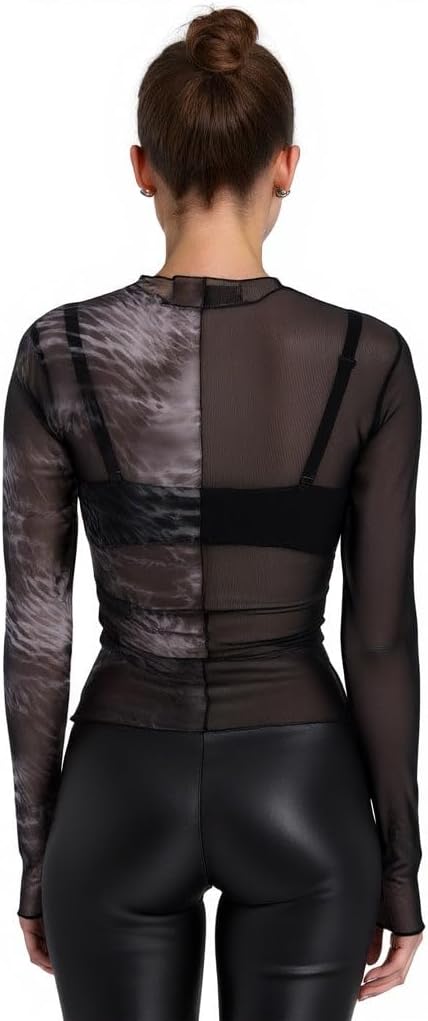 Women's Sheer Mesh Long Sleeve Top – Printed Mock Neck Shirt with Gray Watermark Design – Slim Fit Layering Blouse