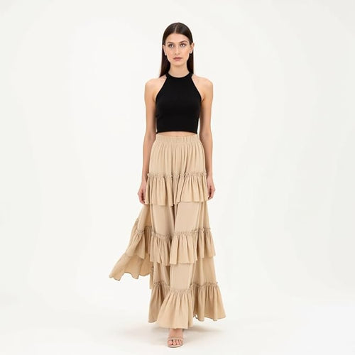 Women's Solid 3-Layer Frill Maxi Skirt – Long Flowing Viscose Skirt, Tiered Boho Style for Casual & Dressy Wear
