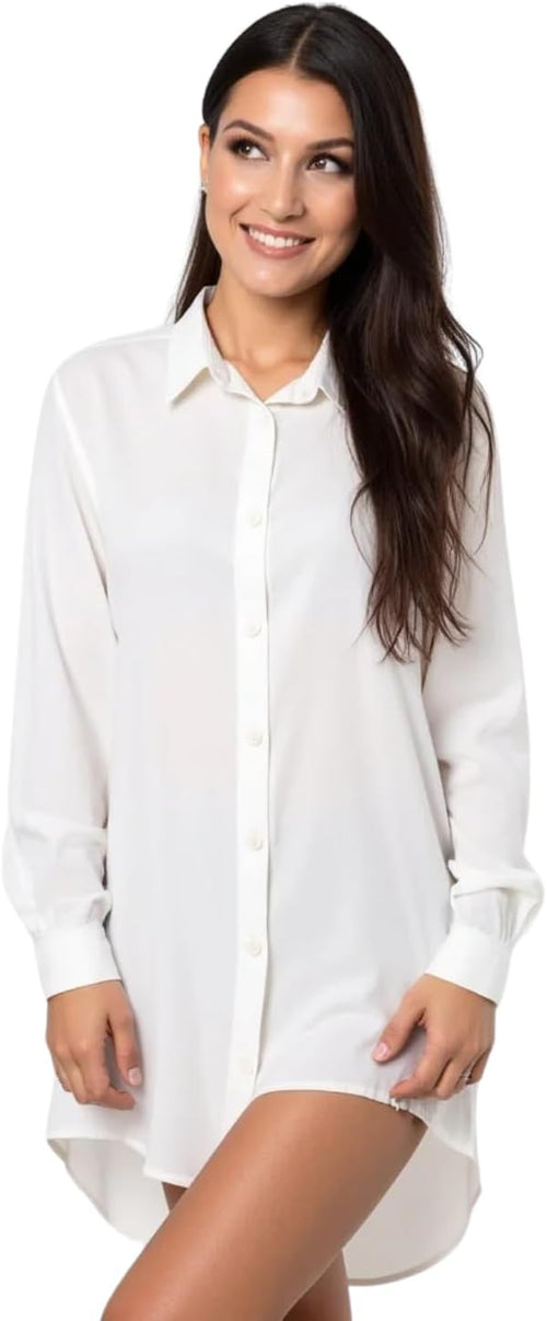 Women's Ecru Button Down Dress Shirt – Wrinkle-Free Long Sleeve Solid Work Blouse, Soft Viscose Office & Casual Top