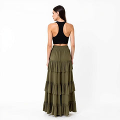 Women's Solid 3-Layer Frill Maxi Skirt – Long Flowing Viscose Skirt, Tiered Boho Style for Casual & Dressy Wear