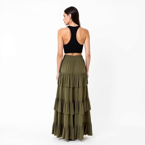 Women's Solid 3-Layer Frill Maxi Skirt – Long Flowing Viscose Skirt, Tiered Boho Style for Casual & Dressy Wear