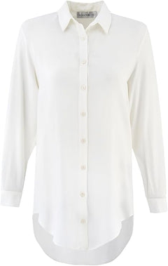 Women's Ecru Button Down Dress Shirt – Wrinkle-Free Long Sleeve Solid Work Blouse, Soft Viscose Office & Casual Top