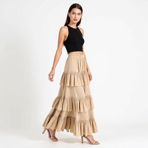 Women's Solid 3-Layer Frill Maxi Skirt – Long Flowing Viscose Skirt, Tiered Boho Style for Casual & Dressy Wear