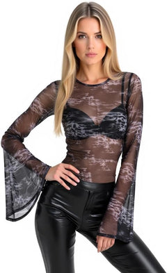 Women's Sheer Mesh Long Sleeve Top – Slim Fit Printed Crew Neck Shirt with Gray Watermark Design for Layering