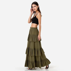 Women's Solid 3-Layer Frill Maxi Skirt – Long Flowing Viscose Skirt, Tiered Boho Style for Casual & Dressy Wear