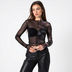 Women's Sheer Mesh Long Sleeve Top – Printed Mock Neck Shirt with Gray Watermark Design – Slim Fit Layering Blouse