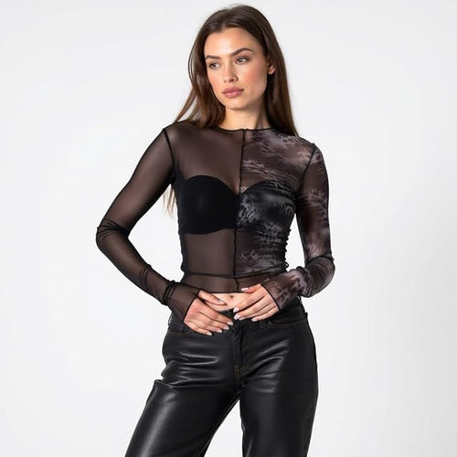 Women's Sheer Mesh Long Sleeve Top – Printed Mock Neck Shirt with Gray Watermark Design – Slim Fit Layering Blouse
