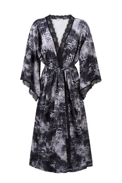 Women's Satin Kimono Robe with Lace Trim, Tie-Dye Print, Black and Gray, Long Length