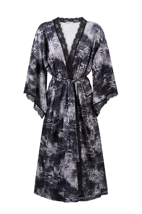 Women's Satin Kimono Robe with Lace Trim, Tie-Dye Print, Black and Gray, Long Length