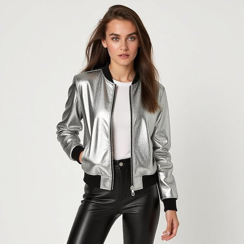 Women's Metallic Gray Bomber Jacket – Full Zip Lightweight Padded Windproof Outerwear with Ribbed Hem & Stand Collar