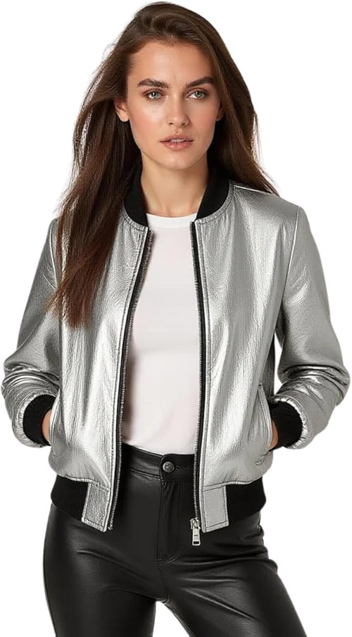 Women's Metallic Gray Bomber Jacket – Full Zip Lightweight Padded Windproof Outerwear with Ribbed Hem & Stand Collar