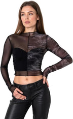 Women's Sheer Mesh Long Sleeve Top – Printed Mock Neck Shirt with Gray Watermark Design – Slim Fit Layering Blouse
