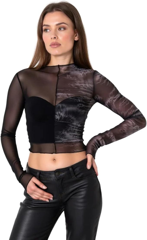 Women's Sheer Mesh Long Sleeve Top – Printed Mock Neck Shirt with Gray Watermark Design – Slim Fit Layering Blouse