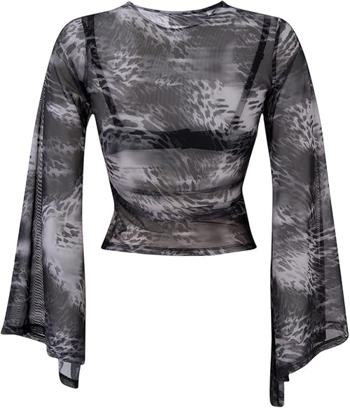 Women's Sheer Mesh Long Sleeve Top – Slim Fit Printed Crew Neck Shirt with Gray Watermark Design for Layering