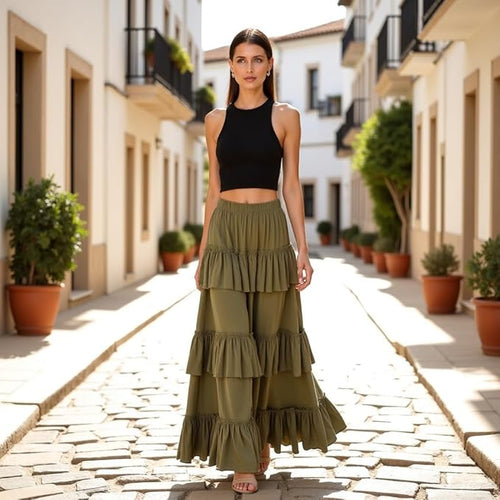 Women's Solid 3-Layer Frill Maxi Skirt – Long Flowing Viscose Skirt, Tiered Boho Style for Casual & Dressy Wear