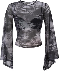 Women's Sheer Mesh Long Sleeve Top – Slim Fit Printed Crew Neck Shirt with Gray Watermark Design for Layering