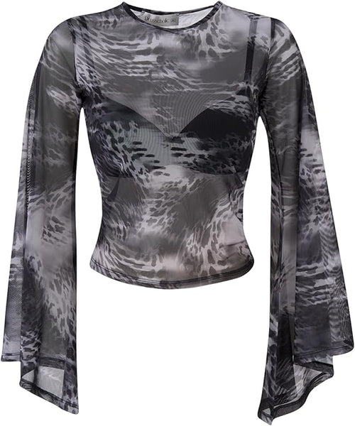 Women's Sheer Mesh Long Sleeve Top – Slim Fit Printed Crew Neck Shirt with Gray Watermark Design for Layering