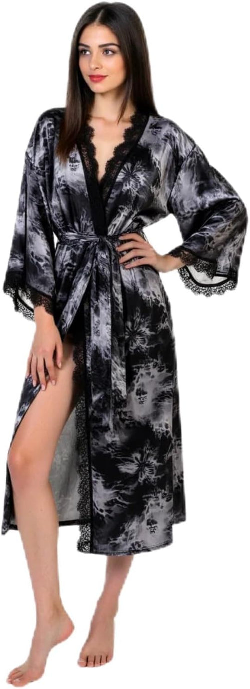 Women's Satin Kimono Robe with Lace Trim, Tie-Dye Print, Black and Gray, Long Length