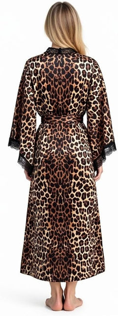 Women's Satin Kimono Robe with Lace Trim, Tie-Dye Print, Black and Gray, Long Length