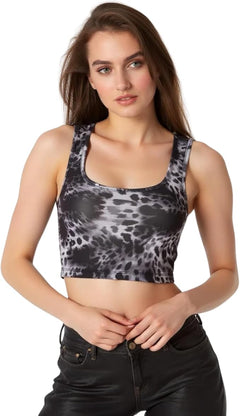 Women's Crop Tank Top – Double Lined Scuba U-Neck Sleeveless Shirt, Gray Watermark Print, Workout & Casual Going Out Top
