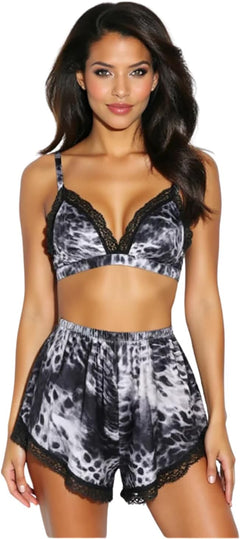 Women's 2 Piece Tie-Dye Velvet Loungewear Set - Soft Sleepwear Bralette and Shorts, Gray Watermark