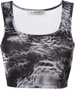 Women's Crop Tank Top – Double Lined Scuba U-Neck Sleeveless Shirt, Gray Watermark Print, Workout & Casual Going Out Top